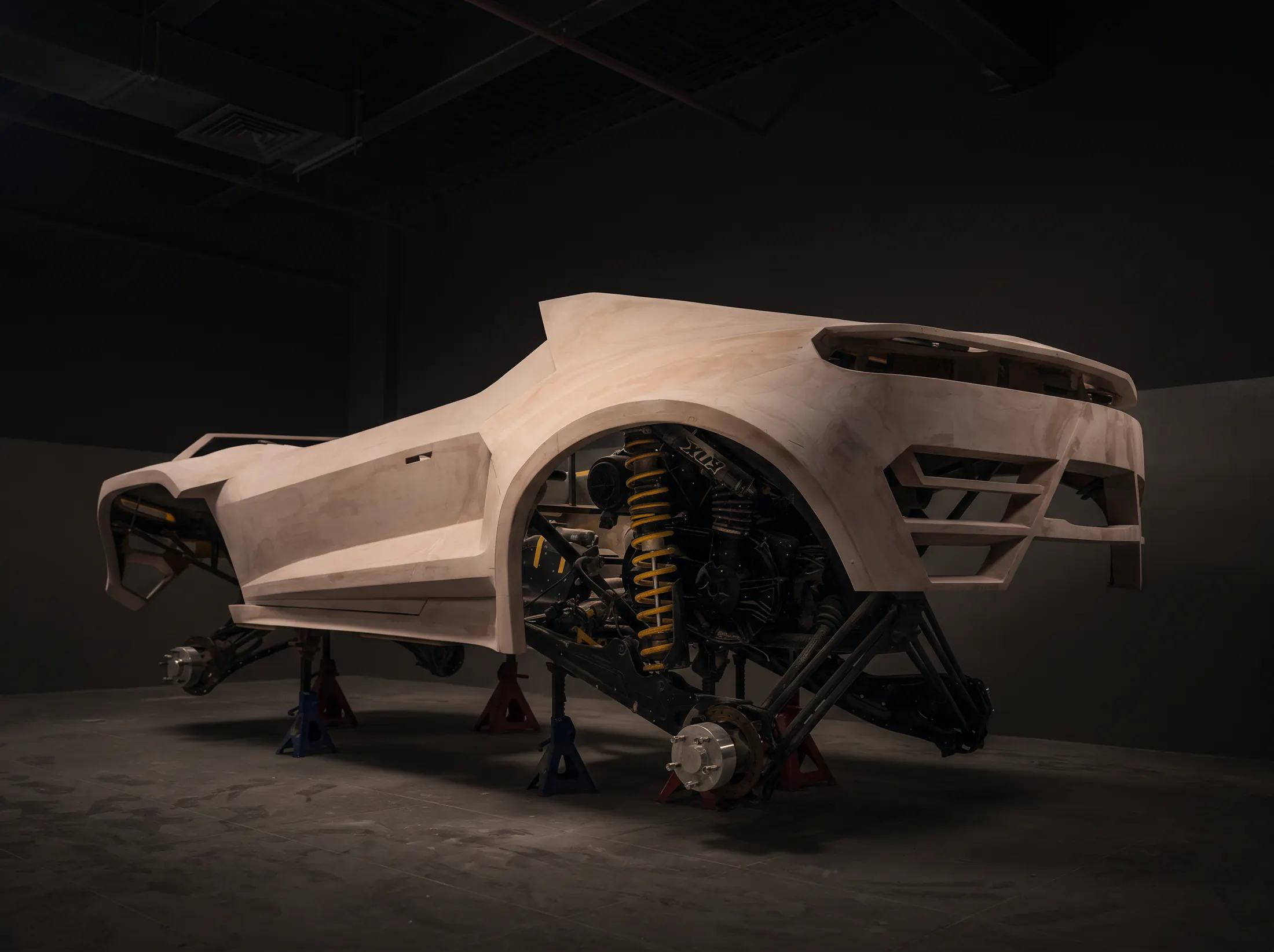 Prototype buggy body on stands in the workshop