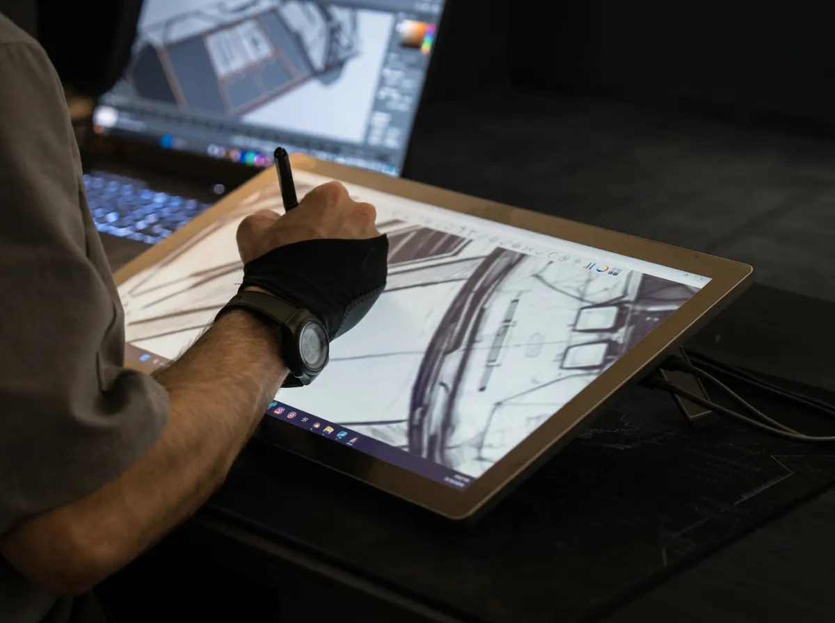Designer sketching bodywork on a drawing tablet
