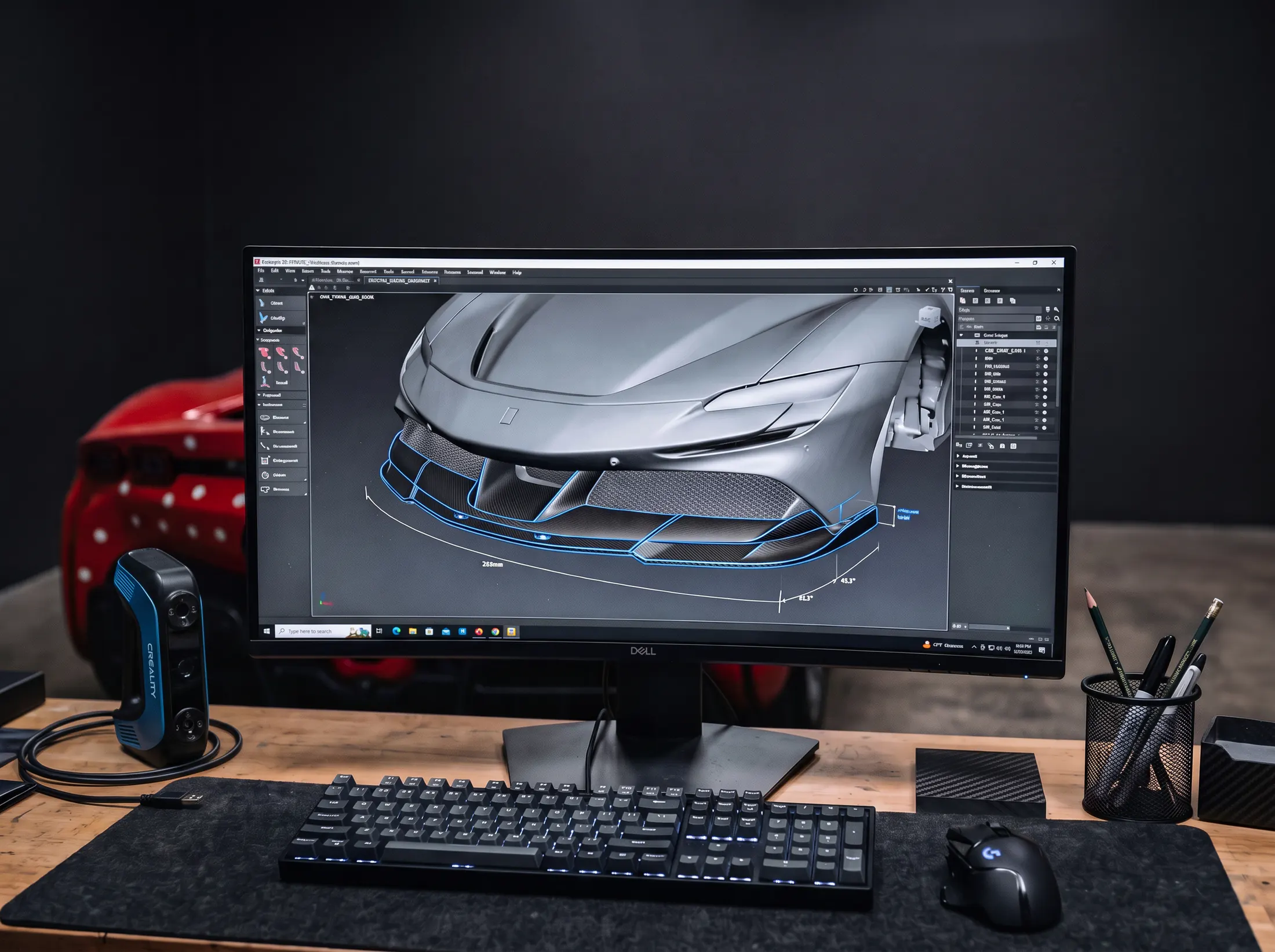 3D scan of a car's front end being modelled on screen